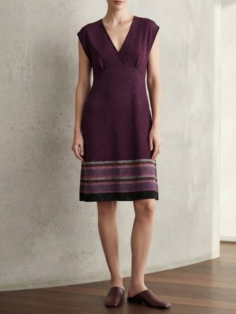 VTG Missoni Plum Knit V-Neck Midi Sparkly Dress with Striped Hem Size 48